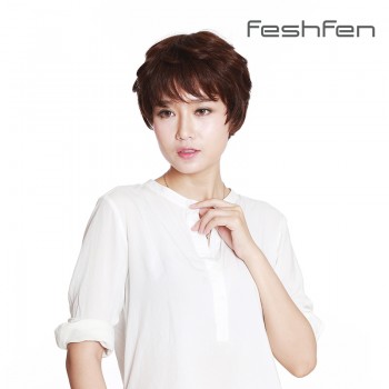 FESHFEN真人發(fā)假發(fā)女短發(fā)卷發(fā)女士自然逼真手織發(fā)網(wǎng)中老年人假發(fā)