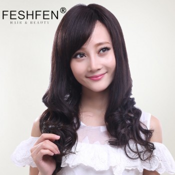 FESHFEN真發假發女時尚長發長卷發斜劉海手織透氣逼真梨花卷頭套